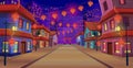 Panorama chinese street with chinese zodiac sign year of red rat, houses, chinese arch, lanterns and a garland at night. Vector i